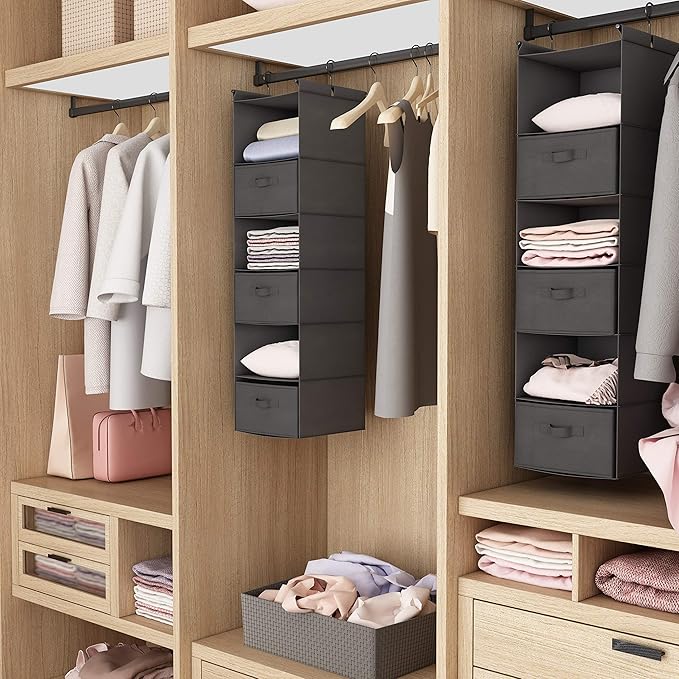 MAX Houser 6 Tier Shelf Hanging Closet Organizer, Closet Hanging Shelf with 2 Sturdy Hooks for Storage, Foldable (Grey-D3)
