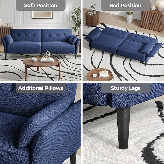 89” Futon Sofa Bed, Linen Comfy Futon Couch Bed with 2 Square Pillows, Convertible Sleeper Sofa with Adjustable Backrest& Armrests, Modern Loveseat Sleeper for Living Room, Bedroom, Blue