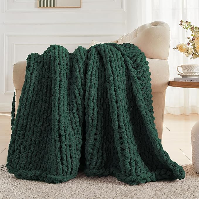 Carriediosa Chunky Knit Throw Blanket 50" X 60", 100% Hand Made Large Chenille Loop Yarn Soft Fluffy Throws for Couch Sofa Bed, Big Crochet Cozy Heavy Thick Cable Woven Blankets, Dark Green