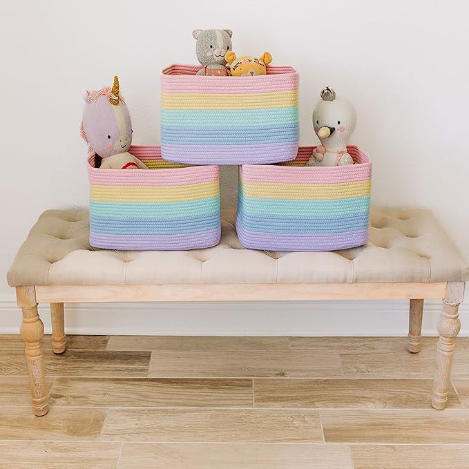 OrganiHaus Set of 3 Rainbow Woven Storage Baskets for Organizing, Cotton Rope Organizer Bins for Shelves, Closet & Nursery, Dog Toy Basket, Decorative Bins for Toys, Towels & Books - 15x10x9