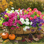 Artificial Flowers for Outdoors Fake Plants Outside Decoration, 12 Bundles Silk Colorful Morning Glory with Eucalyptus UV Resistant Realistic Faux Flowers for Planter Porch Patio Yard Garden