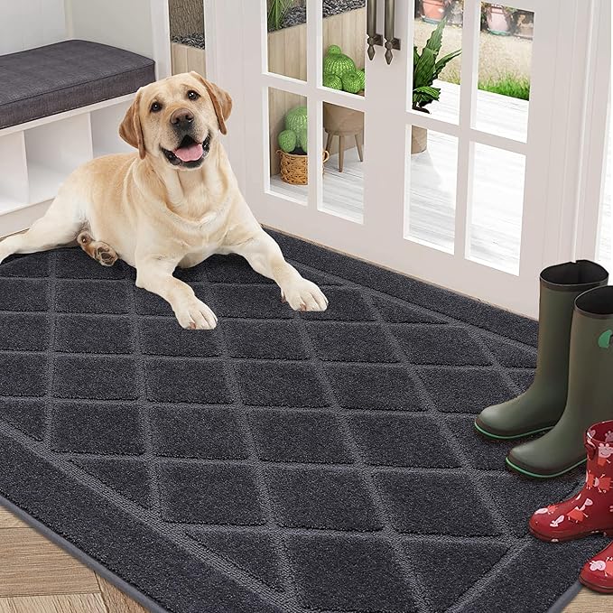 BEQHAUSE Dirt Trapper Door Mat 36" x 60", Doormat Non-Slip Entryway Rugs Washable, Dog Door Mat Stain Resistant and Absorbent Welcome Floor Mat for Front Back Door, Muddy Wet Shoes & Paws, Dark Grey