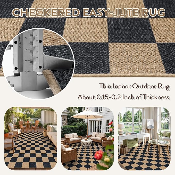 Lahome Checkered Easy Jute 8x10 Rug, Washable Rugs for Living Room Office, Farmhouse Neutral Non Slip Non Shedding Stain Resistance Indoor Outdoor Carpet for Balcony Patio Classroom