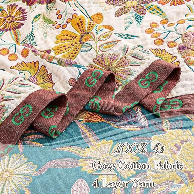 Boho Throw Blanket, 100% Cotton Ultra Soft Luxury Throw Rustic Quilt, 90"x98" Floral Printed Farmhouse Decor Bed Summer Blankets, All Season Rustic Reversible Bohemian Throw for Bed - White