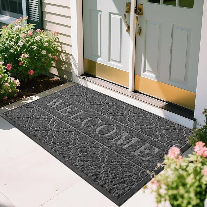 Yimobra Welcome Mat Outdoor Indoor, All-Season Waterproof Front Door Mat Outside Entrance, All-Weather Heavy Duty Non-Slip Doormat, Low Profile Porch Patio Entrance Mats, 60x36, Dark Grey