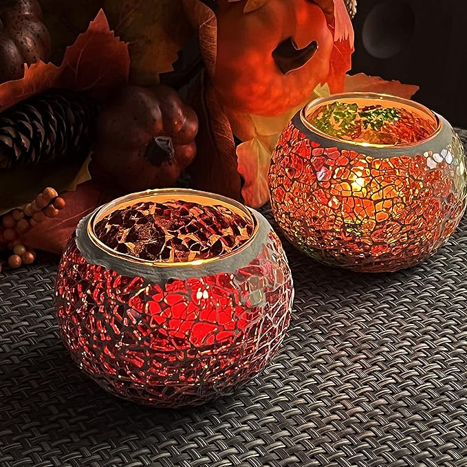 SHMILMH Mosaic Glass Candle Holder Set of 4, Votive Candle Holders Handmade Cracked Tealight Holders for Fall Christmas Diwali Home Decorations, Diwali Gift