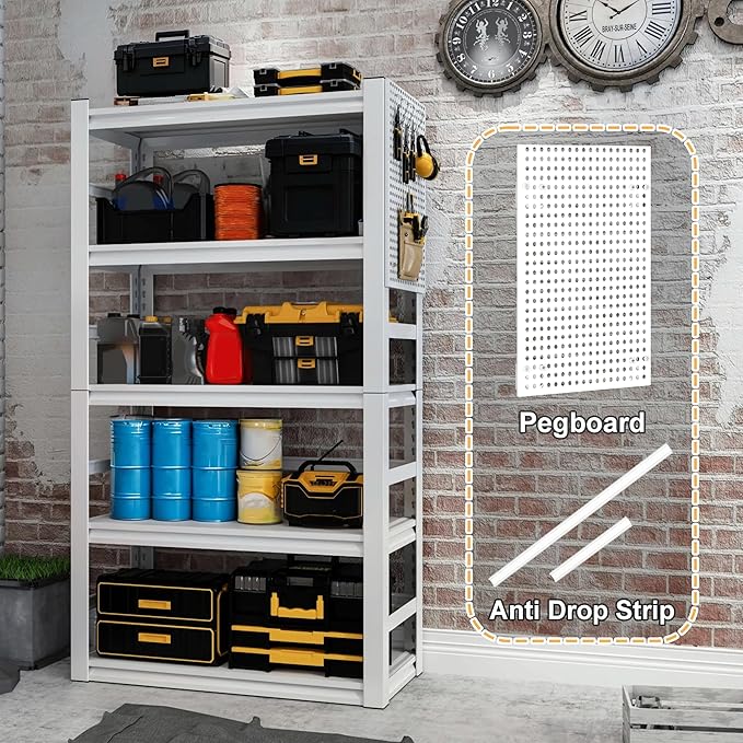 White Garage Shelving, 5 Tier Adjustable Shelving Units, Heavy Duty Metal Shelves, Bookshelf for Garage, Pantry, Basement, Living Room