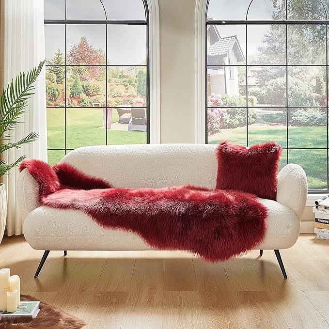 AMTOVO Faux Sheepskin Rug, Burgundy Ultra Soft Fluffy Shag Area Rug, 2 x 6 ft Faux Fur Rug for Bedroom Sofa Throw Cushion Room Decor, Sheepskin