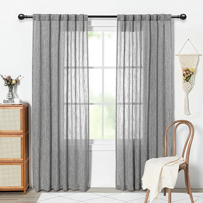 MYSKY HOME Living Room Curtains Semi Sheer Light Filtering Privacy Drapes Linen Look Textured Boho Home Decor, Backdrop Curtain for Parties, 50" x 84", Dark Grey, 2 Panels