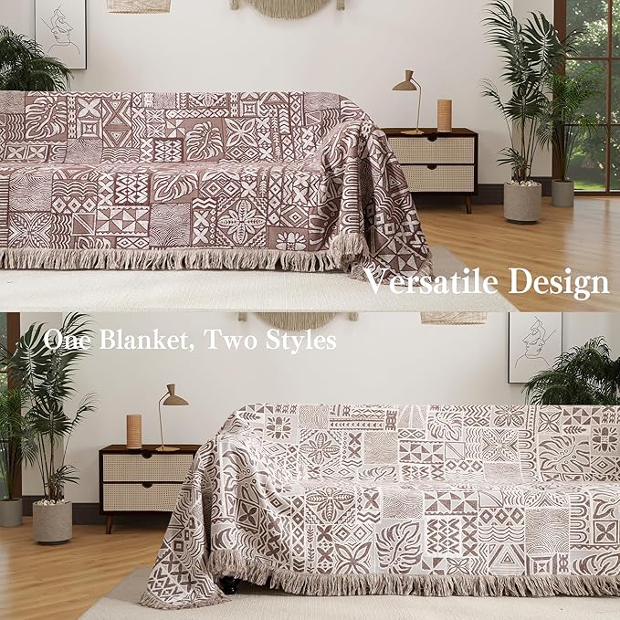 Boho Throw Blanket Full Size, Extra Large Soft Cozy Cotton Muslin Quilt Blanket for Bed Decor, Patchwork Block Couch Sofa Chair Cover, Vintage Farmhouse Cottage Woven Blanket, Brown&White