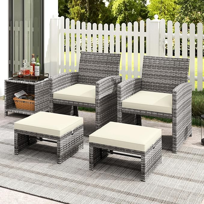 Tangkula 2 Pieces Patio PE Rattan Ottomans, Multipurpose Outdoor Footstool Footrest Additional Seating Side Table with Soft Zippered Cushions for Deck, Garden, and Yard (White)