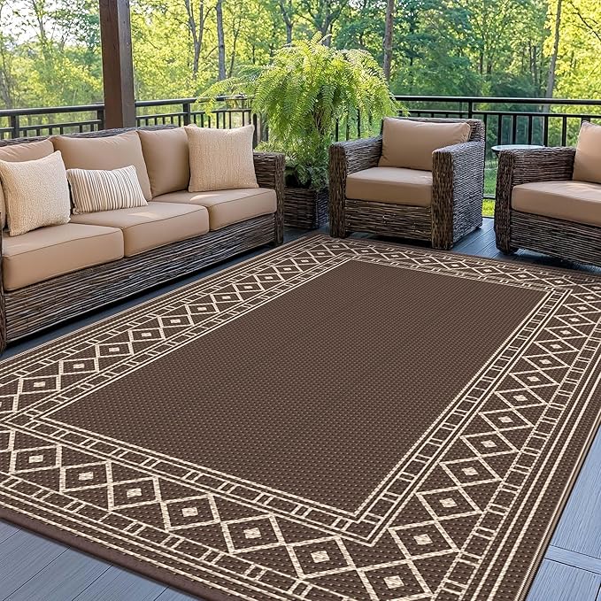 GENIMO Outdoor Rug Waterproof for Patio Decor, 3'x5' Foldable Reversible Plastic Straw Carpet for Porch, Outside Area Mat for Entryway, Rv, Deck, Picnic, Camper, Balcony, Beach, Coffee & Beige