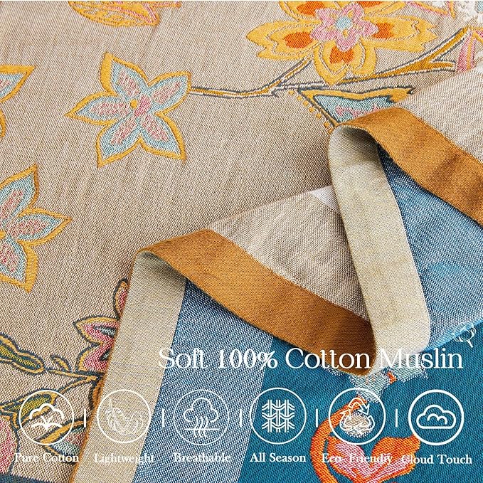Boho Blanket, 100% Cotton Farmhouse Decorative Throw Blanket, 50"x60" Reversible Bohemian Throw Blanket, Brown All Season Muslin Breathable Woven Blankets Quilt