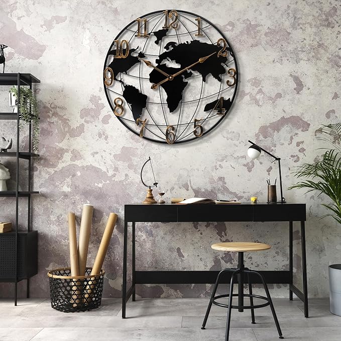 Large Wall Clock - 24 Inch World Map Minimalist Modern Round Metal Wall Clock Silent Non-Ticking Battery Operated Wall Clocks for Living Room Kitchen Office Farmhouse Home Decor