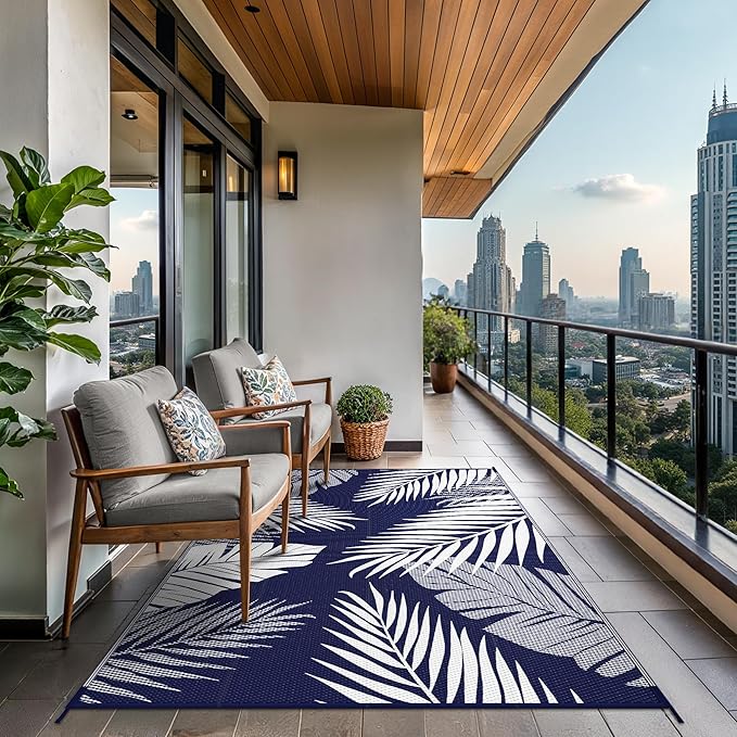 GENIMO Outdoor Rug 4' x 6' Waterproof for Patios Clearance, Reversible Outdoor Plastic Straw Camping Rug Carpet, Large Area Rugs Mats for RV, Camper, Deck, Balcony, Porch, Beach, Navy Blue&White
