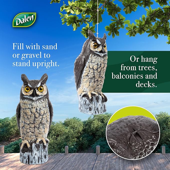 Dalen Large Fake Owl Decoy to Scare Birds Away - Garden Scarecrow Provides Natural Pest Control - 16" Tall - Great Horned Owl