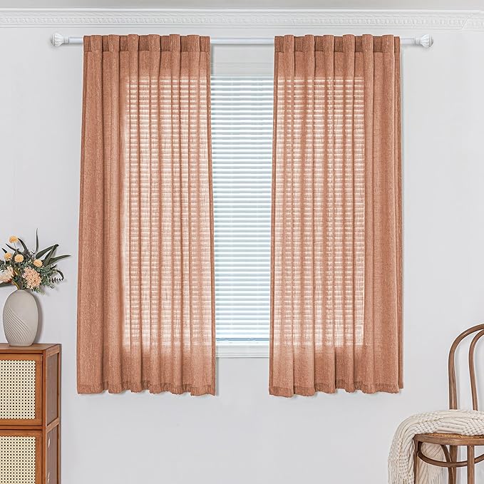 MYSKY HOME Orange Curtains for Bedroom, Short Curtains for Small Window, Boho Semi Sheer 2 Panel Set, Linen Style Texture for Closet/Kitchen, 50"x63", Burnt Orange