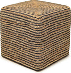 REDEARTH · Cube Pouf Foot Stool Ottoman - Jute Braided Pouffe Poof Accent Sitting Footrest for The Living Room, Bedroom, Nursery, Patio, Lounge 50% Jute 50% Cotton (14.5”x14.5”x16”; Natural Black)