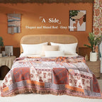 Boho Throw Blanket Full Size, Extra Large Soft Cozy Cotton Muslin Quilt Blanket for Bed Decor, Patchwork Block Couch Sofa Chair Cover, Vintage Farmhouse Cottage Woven Blanket, Red&Orange