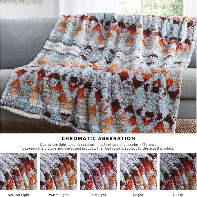 CASAAGUSTO Boho Sherpa Blanket,Teal Aztec Twin Blanket, Ultra Soft, Warm, Cozy, Plush, Thick Fleece Western Blanket for Couch, Bed, Sofa (Blue Grey 60 * 80 Inch)