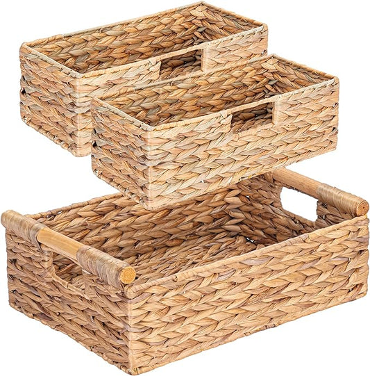 VATIMA Large Water Hyacinth Storage Baskets for Organizing with Wooden Handles for Shelves, 2 Bathroom Small Basket, Water Hyacinth Toilet Paper Baskets, Set of Natural Wicker Storage Basket for Home