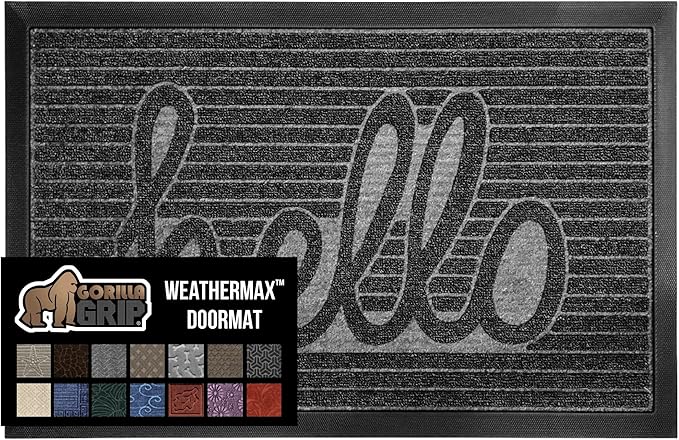 GORILLA GRIP 100% Waterproof All-Season WeatherMax Doormat 35x23, US Designed Natural Rubber, Stain and Fade Resistant, Low Profile Indoor Outdoor Door Mats, Easy Clean Patio Mat, Charcoal Hello