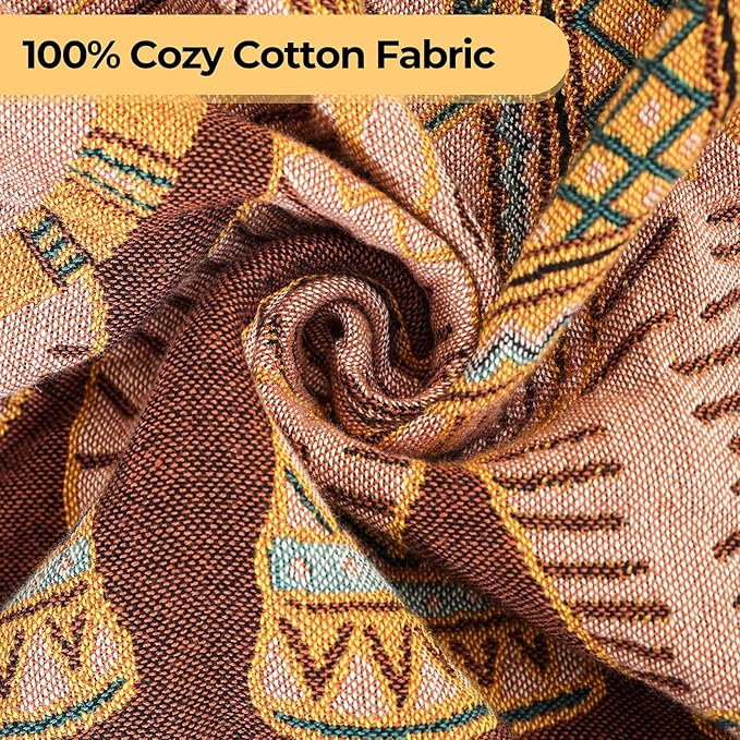 Boho Throw Blanket for Bed with Tassels,100% Cotton Ultra Soft and Cozy Large Blanket Elephant Printed Farmhouse Decor Bed Blankets,60"×80" All Season Rustic Throw for Sofa Couch Chair-Brown