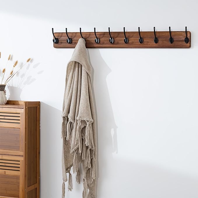 SKOLOO Farmhouse Style Wall Mounted Coat Rack, 38.6'' Pine Solid Wood Coat Hook Hanger - 10 Hooks for Hanging Clothes Robes Towels Coats