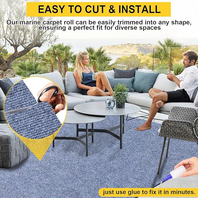 Marine Carpet,6 FT x 10 FT Blue-Gray Indoor Outdoor Carpet 0.2" Thick Boat Carpet with Water-Proof TPE Backing, Non-Slide Outdoor Marine Carpet Roll for Home, Patio, Porch, Deck