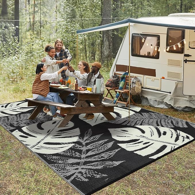 GAOMON Outdoor Rug Waterproof 9x18 Patio Rug Reversible Camping Mat, Foldable Portable Outdoor Plastic Straw Rugs RV Picnic Carpet with Bag & 4 Stakes, UV Resistant Outside Carpet for Deck Balcony