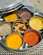 spice dabba Stainless Steel Indian Spice Box, Steel Masala Dabba, Double Lid Spice Container | Gift for Chefs | Size 8x8x2 In (Spice Box Only)
