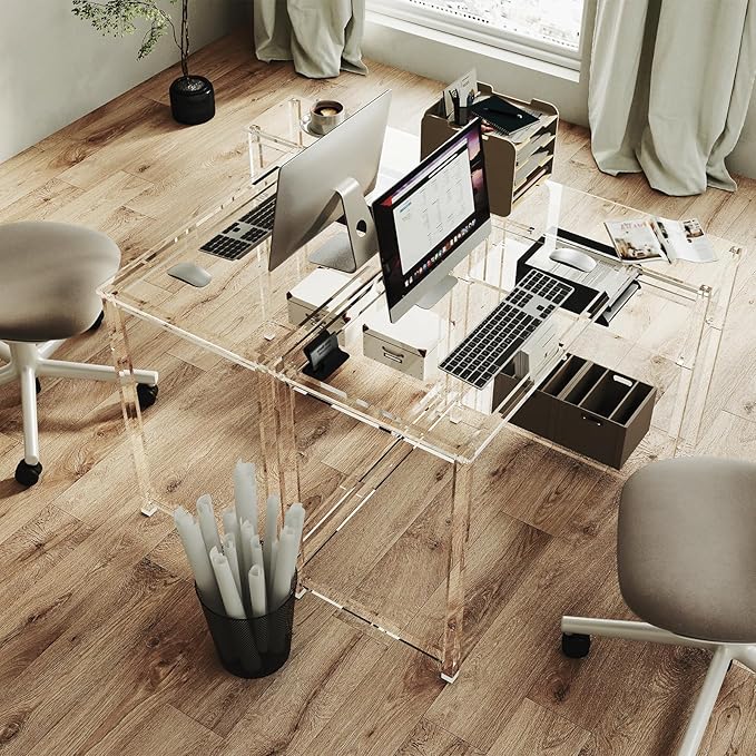 Eglaf Acrylic L-Shaped Desk - Clear Desk with Reversible Storage Shelves - Modern Home Office Desk Corner Desk for Study, Writing, Rectangular Legs, Easy Assembly, 39.4" L x 27''W x 29.5" H