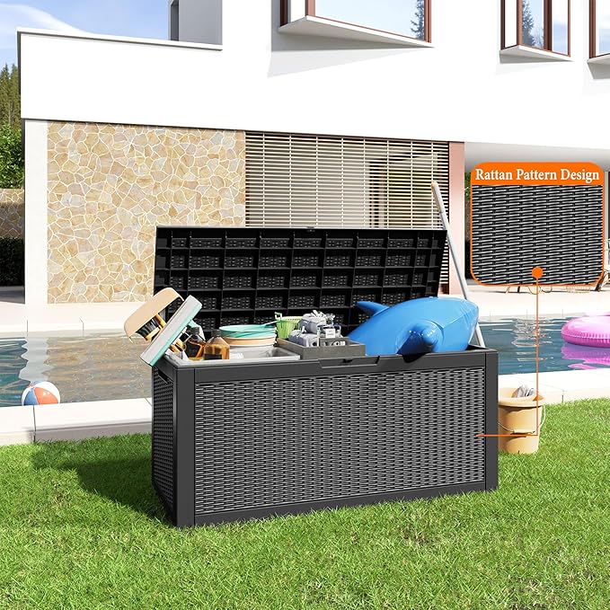 100 Gallon Resin Deck Box, Lockable Patio Outdoor Storage Box for Furniture, Garden Tools and Tools Storage, Waterproof Outside Storage Boxes - Black