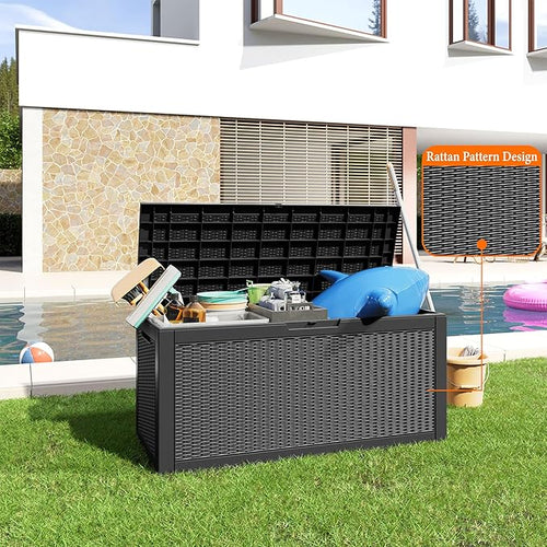 100 Gallon Resin Deck Box, Lockable Patio Outdoor Storage Box for Furniture, Garden Tools and Tools Storage, Waterproof Outside Storage Boxes - Black