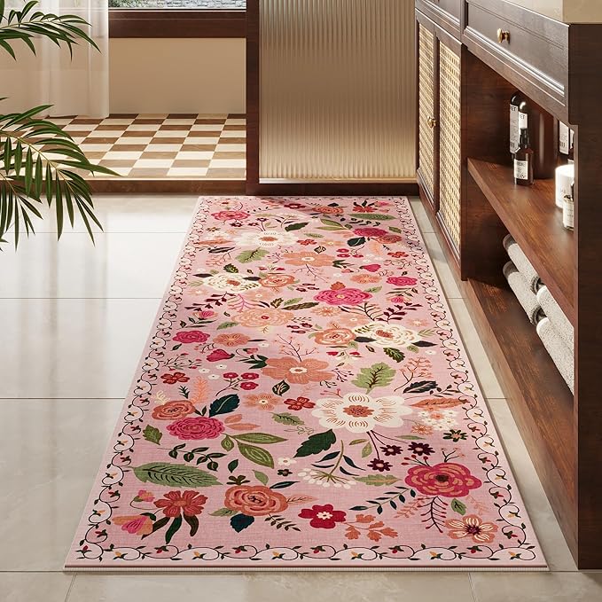 Runners for Hallways Kitchen Runner Rug Non Slip 2'x 10' Long Washable Rugs with Rubber Backing Soft Floral Carpet Runner for Hallways, Kitchen, Laundry, Bedroom, Bathroom(Pink)