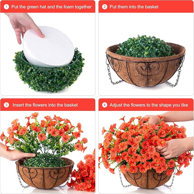 Artificial Fall Flowers Fake Hanging Plants Flowers Basket for Outdoors Autumn Decoration, Orange Silk Morning Glory with Eucalyptus Look Real UV Resistant Faux Flowers for Outside Porch Patio Balcony