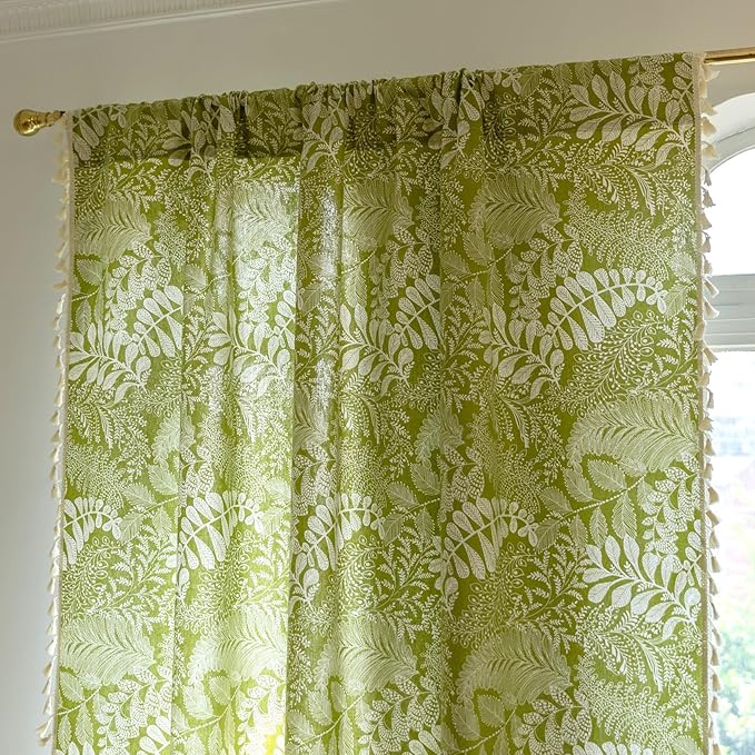 Sutuo Home Boho Curtains 84 Inches Length for Bedroom Living Room, Printed Cotton Linen Rod Pocket Rustic Farmhouse Bohemian Tassels Window Treatment, 1 Panel 59" W x 84" L, Green Botanic Leaves