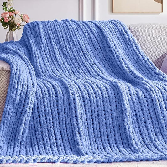 Chunky Knit Throw Blanket, 40''*50'' Knitted Throw Chenille Yarn for Bed Couch, Handmade Light Blue Crochet Big Thick Blanket, Machine Washable Cute Comfy Blanket for Home Decor