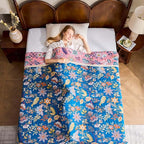 Fall Throw Blanket for Couch, Blue Boho Decorative Throw Blanket, 100% Cotton Muslin Breathable Woven Farmhouse Blankets Quilt, 80"x90" Reversible Lightweight Blankets Bohemian Throw Quilt