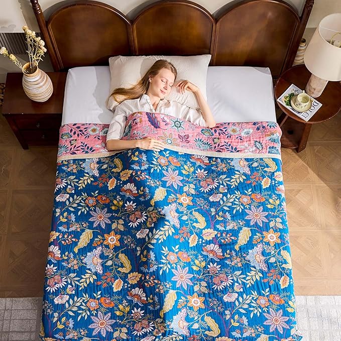 Fall Throw Blanket for Couch, Blue Boho Decorative Throw Blanket, 100% Cotton Muslin Breathable Woven Farmhouse Blankets Quilt, 90"x98" Reversible Lightweight Blankets Bohemian Throw Quilt