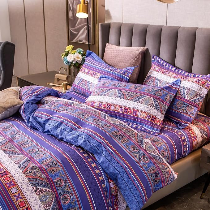 ABREEZE Bohemian Vintage Twin Size Floral Cotton Bedding Set 3Pcs Duvet Cover Set Boho Purple Paisley 100% Egyptian Brushed Cotton Reversible Home Bedding Collection