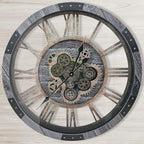 DORBOKER 30" Large Wall Clock Moving Gears,Oversized Industrial Rustic Farmhouse Clocks for Living Room Decor Office Home, Solid Wood Retro Metal HD Tempered Glass Cover,Carbon Grey