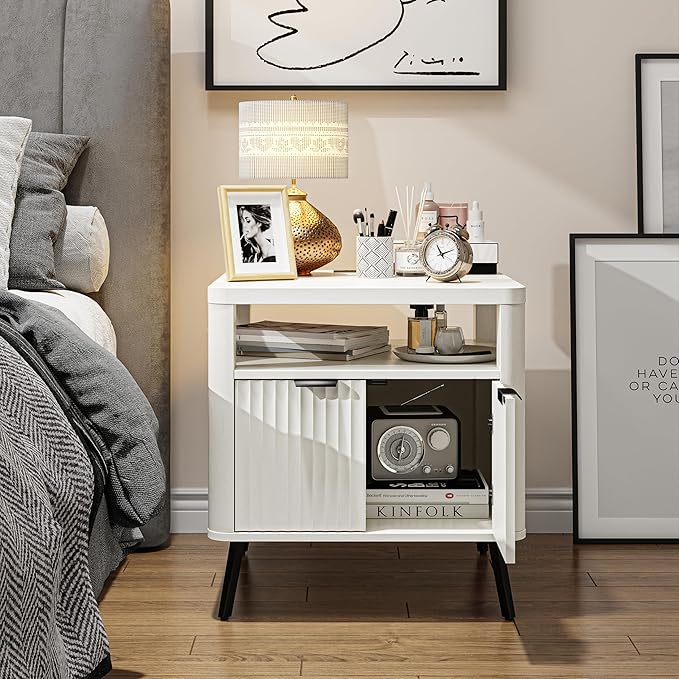 Nightstand with Charging Station, 24" End Table Side Table with Open Shelf, Modern Large Wood Fluted Bedside Cabinet for Bedroom, Living Room, White