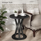 Round Farmhouse End Table with Crisscross Pedestal Base, Distressed Finish Side Table Rustic Accent Table for Living Room, Pine Wood, Black