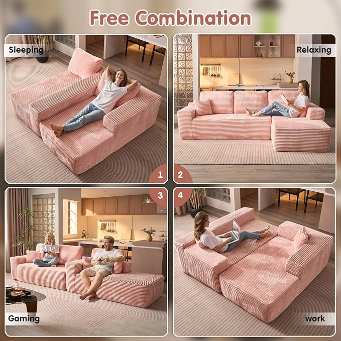 ovios 104" Cloud Sectional Couch with L-Shape Chaise,Modern Modular Sofa with Deep Seat, Upholstered Couches for Living Room Bedroom,No Assembly Required, Pink (Plush Corduroy Fabric)