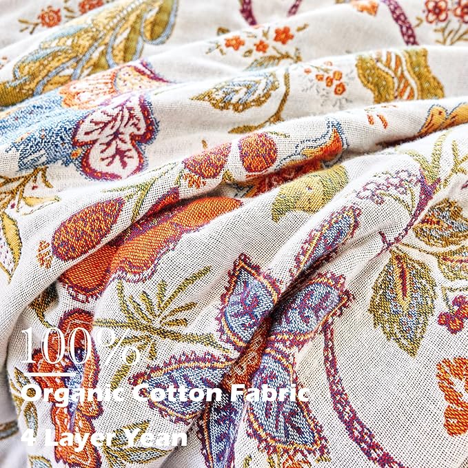 Boho Throw Blanket, 100% Organic Cotton Breathable Ultra Soft Bed Quilt Throw - All Season Floral Bird Butterfly Farmhouse Decor Blanket for Sofa Couch Chair and Gift. 60" x 80"