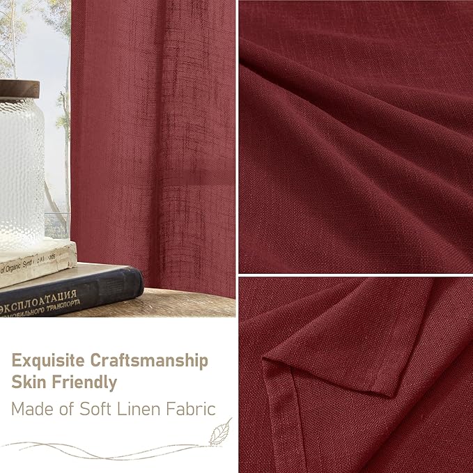LAMIT 90 inch Red Linen Curtains for Living Room 2 Panels, Light Filtering Christmas Drapes Semi Sheer Bronze Grommet Curtain Panels for Bedroom/Farmhouse, Burgundy Red, 52 x 90 Inch