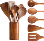 Wooden Spoons for Cooking, Cooking Utensils Set of 6 Natural Teak Wooden Cooking Spatulas with Utensils Holder Comfort Grip Wooden Kitchen Utensils for Nonstick Cookware