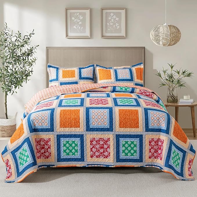 NEWLAKE Quilt Bedspread Sets - Bohemian Farmhouse Pattern Reversible Coverlet Set, Queen Size
