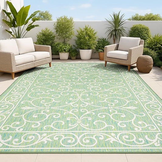 JONATHAN Y Vintage Filigree Indoor Outdoor Area Rug 9X12 Green/Ivory, Charleston Textured Weave for Backyard, Patio, Porch, Easy-Cleaning, High Traffic, Pet-Friendly, Non-Shedding (SMB106K-9)